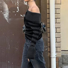 Aiertu  -  cold weather outfits Y2K Striped Off Shoulder Women Sweater Lace-up Chic Stylish High Street 2000s Jumper Autumn Harajuku Knitwear Tops Aiertu