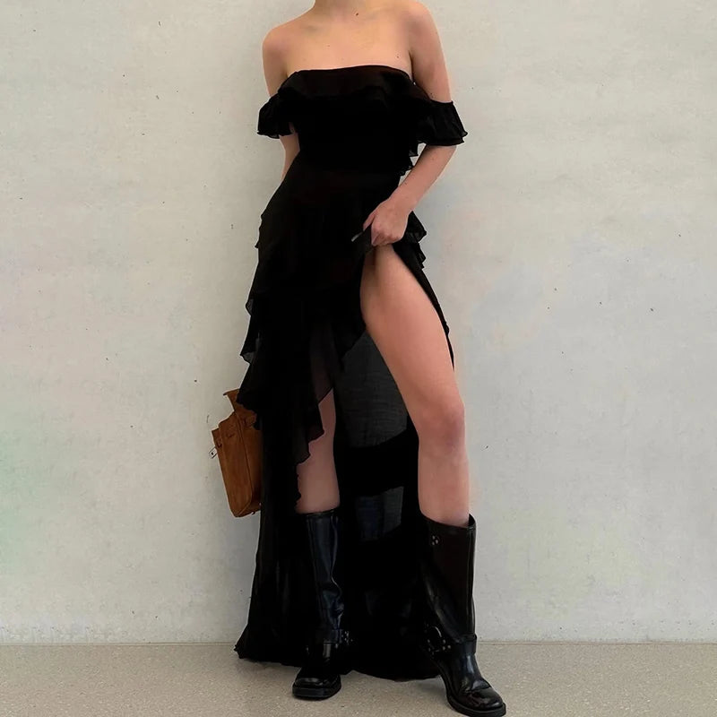 Aiertu  -  Chic Ruffle Backless Dress Women Slash Neck Sleeveless Lace Up Irregular Hem Floor-length Dresses Female 2025 Spring Lady Robe Aiertu