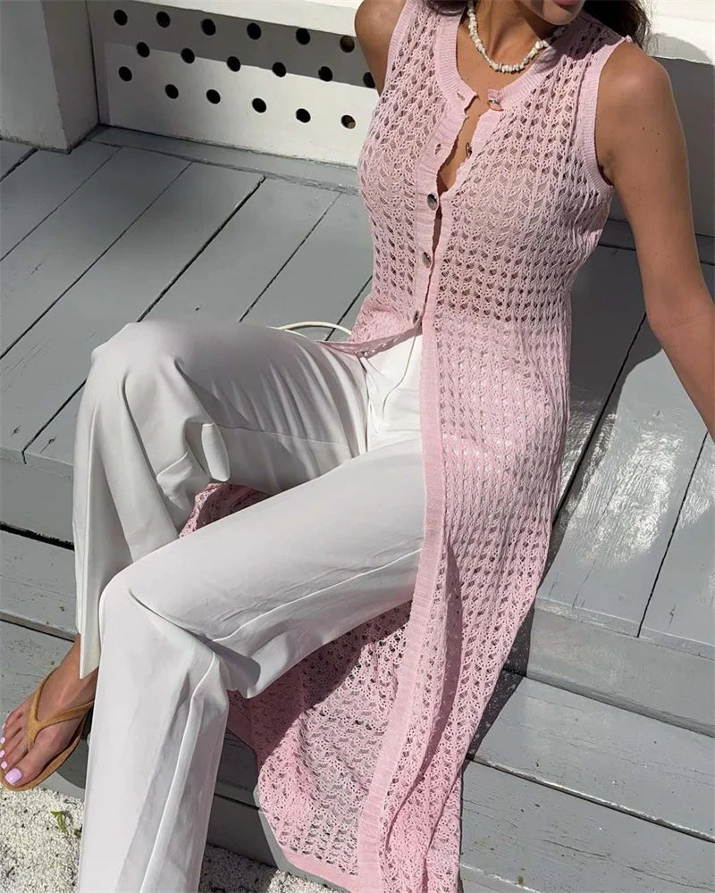 Aiertu  -  Knit Vest Cardigan Beach Dress Long Pants 2 Pieces Sets For Women Hollow Out Sexy See Through Cardigan Long Pants Sets Aiertu