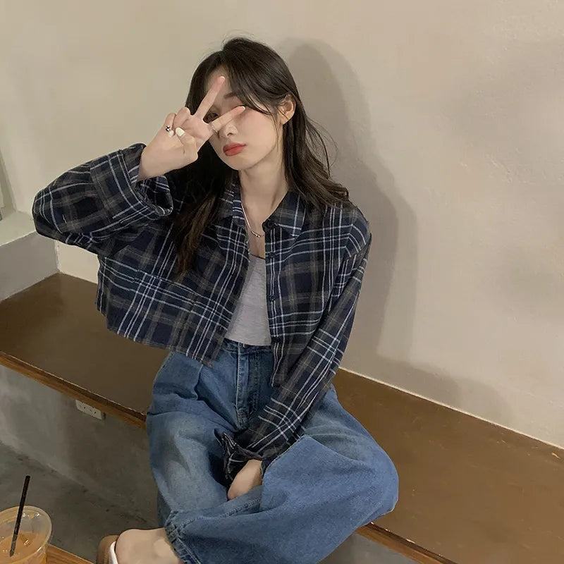 Aiertu Harajuku Crop Plaid Shirts Women Vintage Long Sleeve Loose Sunscreen Blouses Korean Fashion Casual All Match Top Thin Coat Aiertu