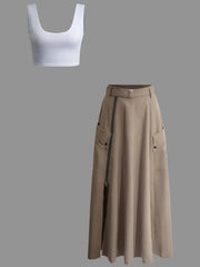 Aiertu  -  Sleeveless Solid Color Slit Two Piece Set High Waist Long Skirt Summer Beach Female Sweet Bra Naked Waist Chic Casual Beach Aiertu