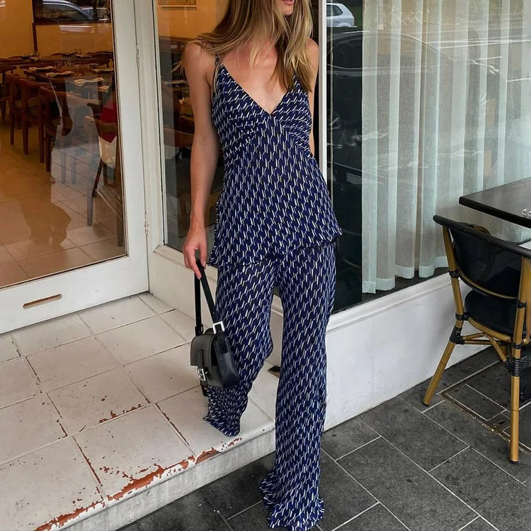 Aiertu     -  Fall Outfits 2026 Summer Sexy V Neck Camisole 2 Piece Set Women New Sleeveless Tank Top+Wide Leg Pants Sets Streetwear Fashion Elegant Print Suits Aiertu