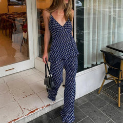 Aiertu     -  Fall Outfits 2026 Summer Sexy V Neck Camisole 2 Piece Set Women New Sleeveless Tank Top+Wide Leg Pants Sets Streetwear Fashion Elegant Print Suits Aiertu
