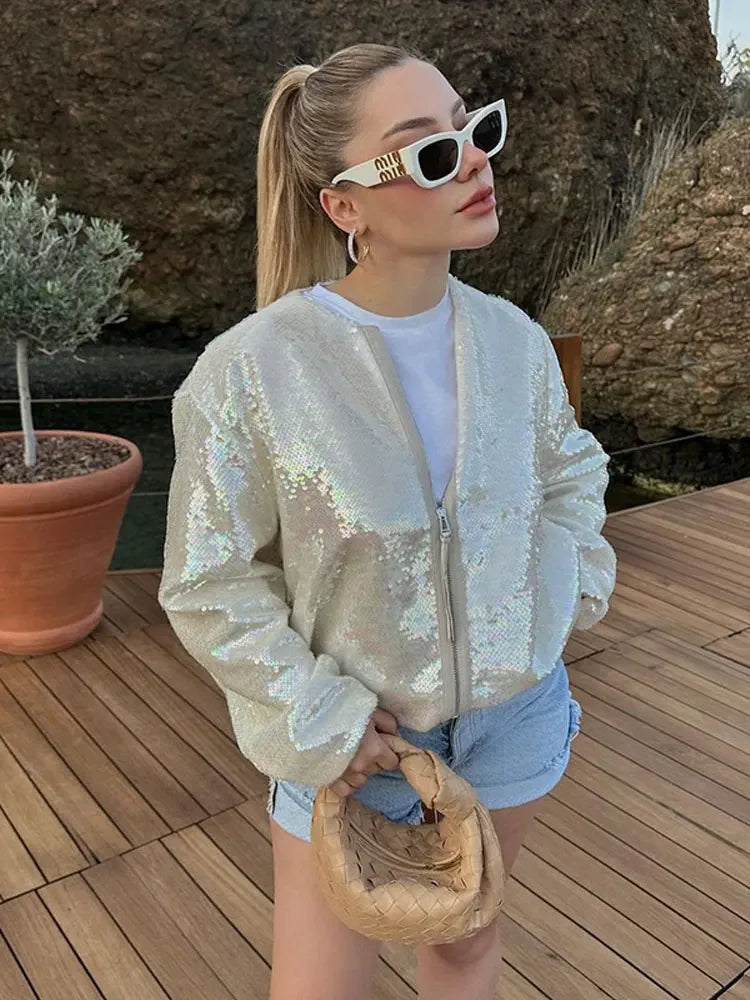 Aiertu  -  Shinny Sequins Loose Short Jacket Women Elegant O Neck Long Sleeve Zipper Cropped Coat Autumn Chic Lady Commuting Street Outwear Aiertu