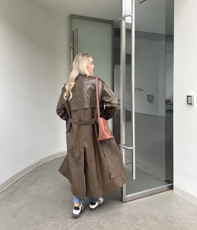 Aiertu  -  2026 Autumn New design Runway Designer Leather Maxi Long Trench Coat With Belt Chic Female PU Windbreaker Classic Aiertu