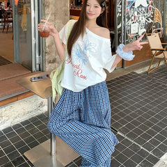 Aiertu  -  Casual Plaid Wide Leg Long Pants Summer Women Elastic High Waist Loose Trousers Female Woman Clothes 2025 Aiertu