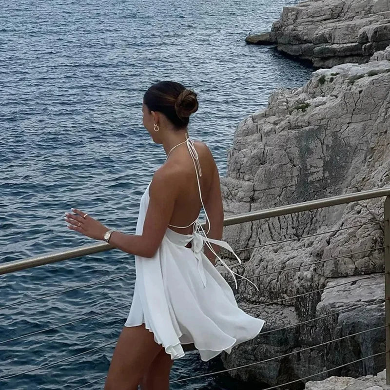 Aiertu  -  Sexy Halter Party Solid Dresses Women Sleeveless Backless Hollow Out Beach Dress Lady Dresses 2025 Summer Lady Beach Robes Aiertu