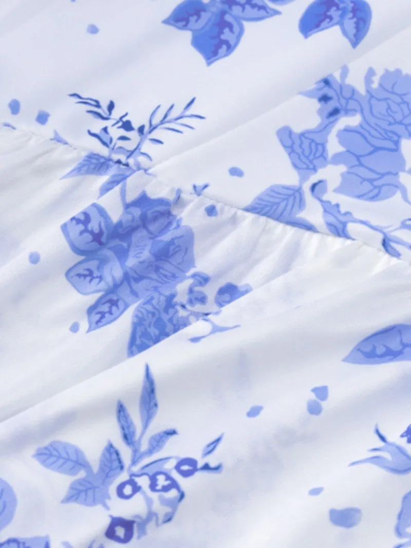 Aiertu  -  Blue Floral Print Strapless Summer Dresses for Women Sleeveless High Waist Backless Ruffles Irregular Split Evening Party Dress Aiertu