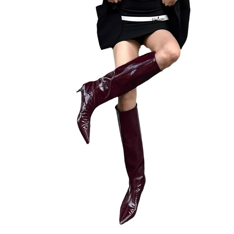 Aiertu    -  Burgundy Patent Leather High-Top Long Boots For Women Wine Red Pointed Toe Slip On Botas Largas De Mujer Kitten Low Heels Mature Aiertu