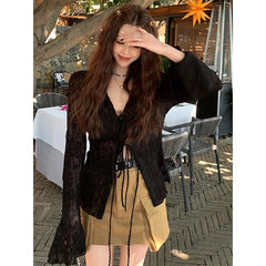 Aiertu Y2K Lace Thin Shirt Women Sexy Sunscreen See Through Slim Blouses Vintage Skinny Casual Crop Tops Sun Protection Cardigan Aiertu