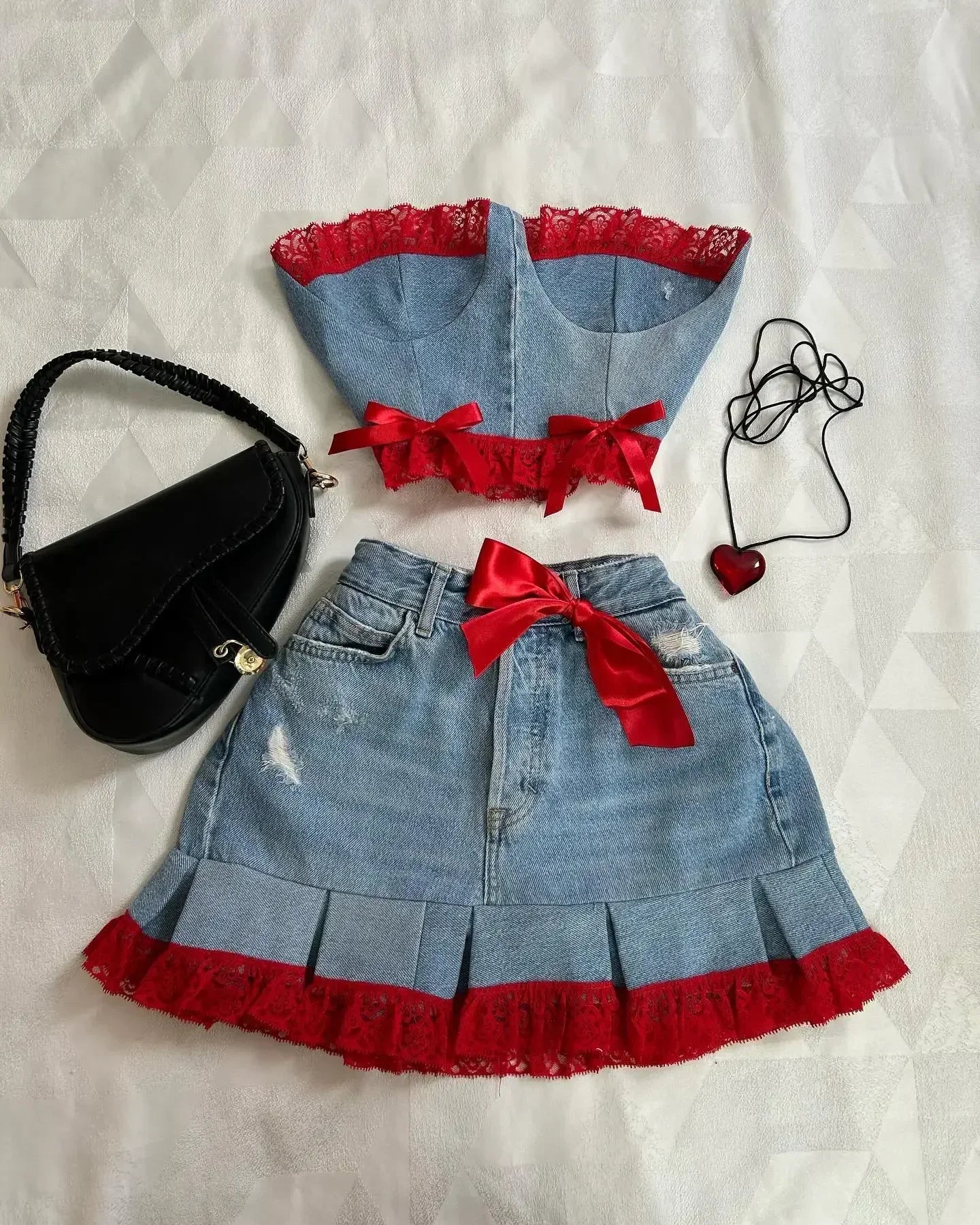 Aiertu  -  New Y2K Leather Plush Collar Denim Splicing Black Suit Women's Harajuku Zipper Jacket Sexy Short Pleated Skirt Women's Top Aiertu