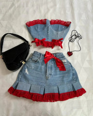 Aiertu  -  New Y2K Leather Plush Collar Denim Splicing Black Suit Women's Harajuku Zipper Jacket Sexy Short Pleated Skirt Women's Top Aiertu