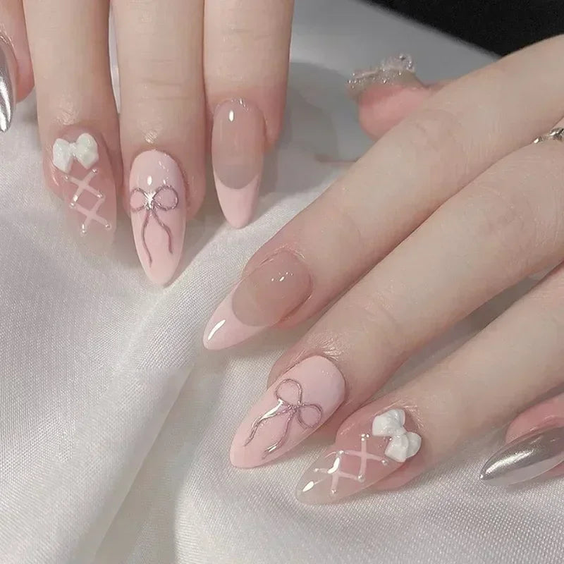 Aiertu 24Pcs Pink Almond French Press on Nails With 3D Bow ripple charms Design Fake Nails Ballerina False Nails Full Cover Nail Tips Aiertu