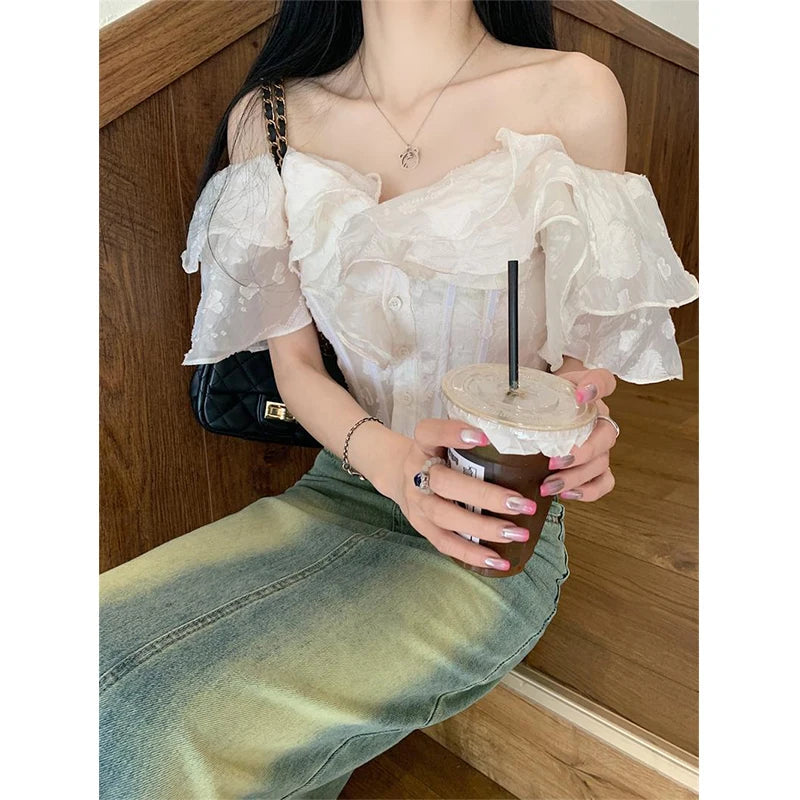 Aiertu Cropped Slash Neck Shirts Women Fashion Black Sexy Off Shoulder Blouses Summer Korean Office Ladies Elegant Slim Crop Tops Aiertu