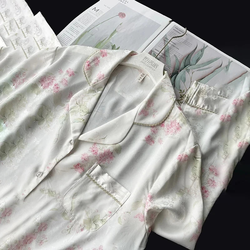 Aiertu  -  Satin Pajamas for Women Set Silk Pyjamas Loose Casual Sleepwear Long Sleeve Button Trousers 2 Piece Set Printing Homewear Outfit Aiertu