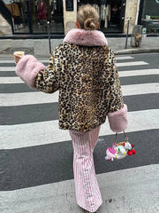 Aiertu  -  casual winter outfits Faux Fur Lapel Patchwork Female Jacket Leopard Loose Print Women Coat Lapel 2024 Vintage Winter  Single Breasted Lady Outwear Aiertu