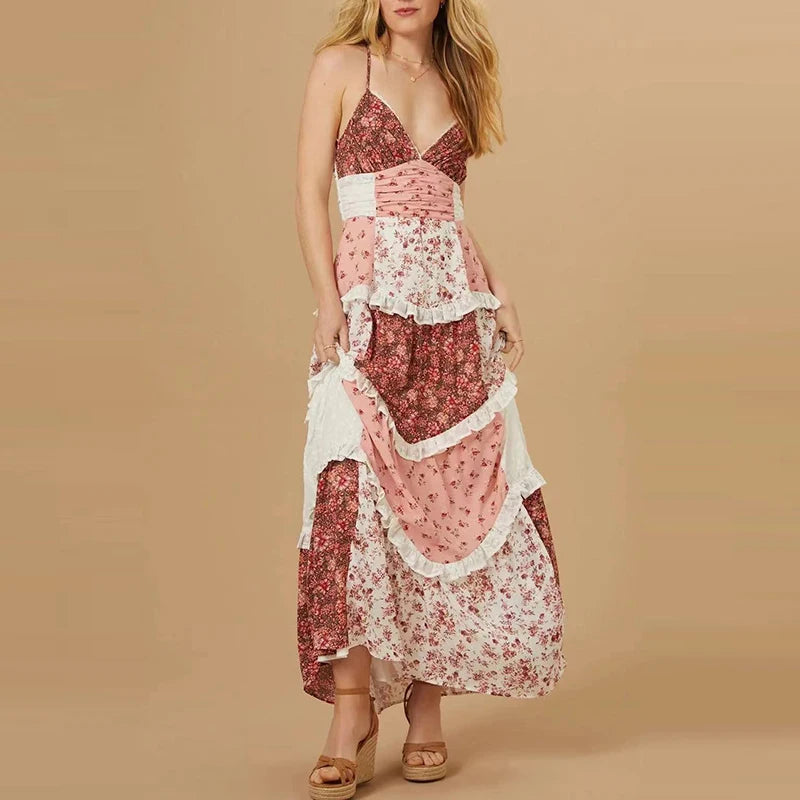 Aiertu  -  Sexy Deep V Hollow Summer Long Dress Elegant Floral Print Pleated Women's Dress Fashion Off Shoulder High Waist Bohemian Dresses Aiertu