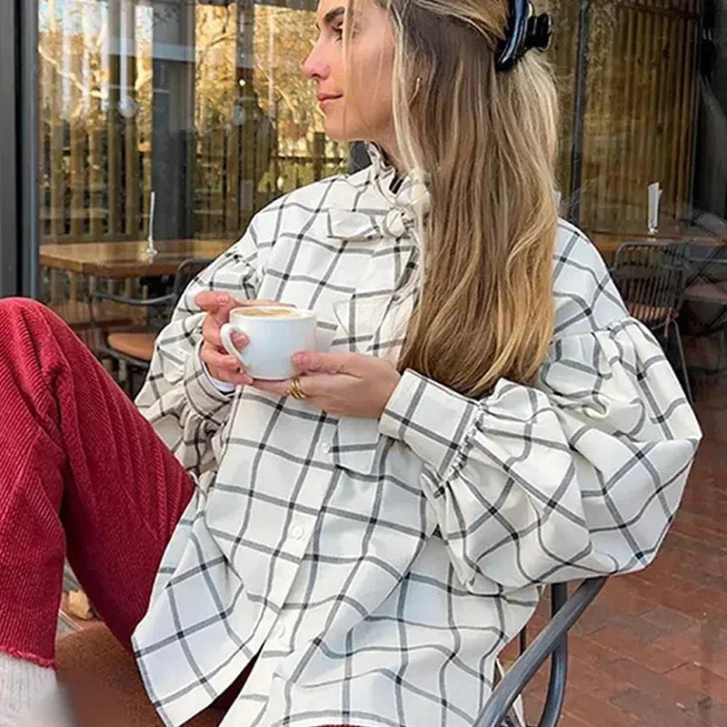 Aiertu  -  Elegant Plaid Lace Up Women Shirts 2026 Spring Ruffle Long Sleeve Single Breasted Simple Blouses Female Casual Loose Lady Tops Aiertu