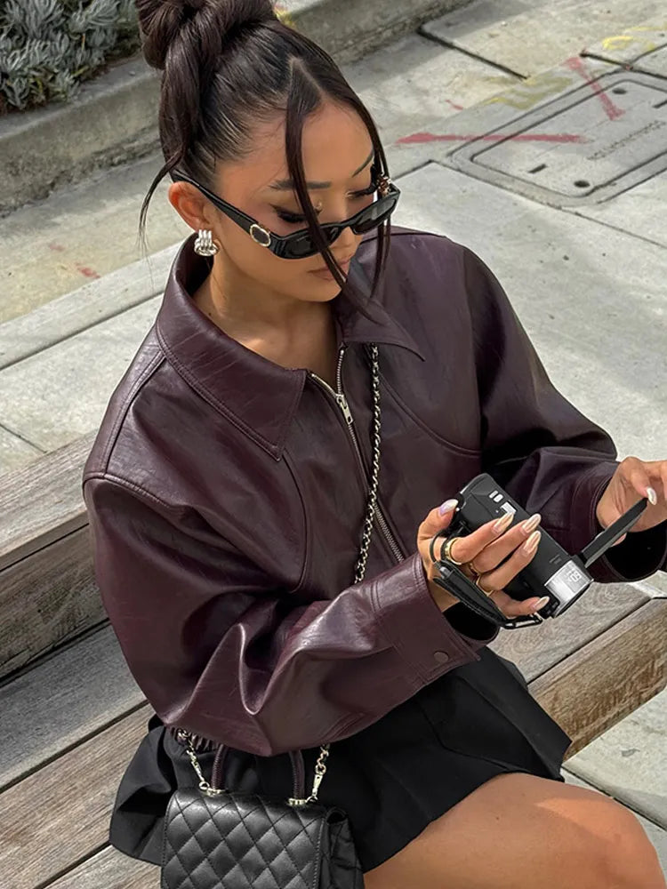 Aiertu  -  Chic Faux-leather Bomber Jacket Warm Lapel Long Sleeves Zipper Crop Coats 2026 Autumn Fashion Lady Commuting Street Overcoat Aiertu