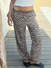 Aiertu  Leopard Print Patchwork Straight Pants Elastic Waist Fashion Harajuku Trousers Aesthetic 2000s Casual Baggy Bottom Aiertu