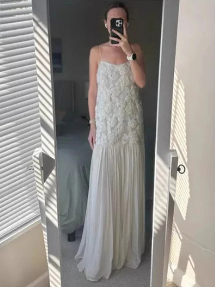 Aiertu  -  Female 3D Floral Maxi Dress for Women Pleated Backless Strapless Chiffon Slim Dresses Lady Party Club Grown Robes 2025 New Aiertu