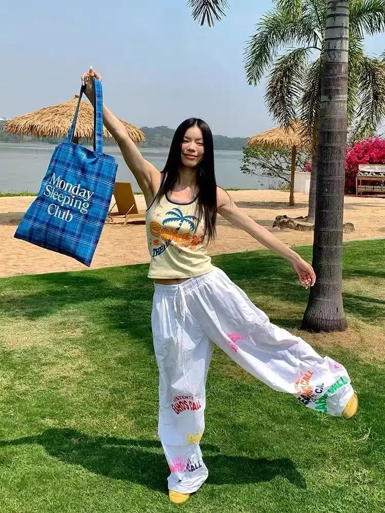 Aiertu  -  Summer new dopamine letter design sports wide-leg paratrooper pants American retro beach mopping trousers Aiertu