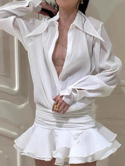 Aiertu  -  Sexy Deep V-neck Ruffles Women Dress White Flare Sleeve Single Breasted Dress Female Summer Loose Elegant Party Clubwear Aiertu
