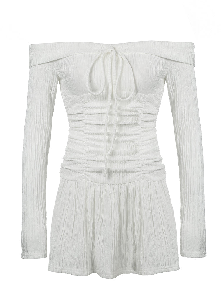 Aiertu - summer inspo Korean Fashion Slash Neck Elegant Long Sleeve A Line White Dress Women Shirring Slim Waist Simple Sweet Japanese Clothing Aiertu