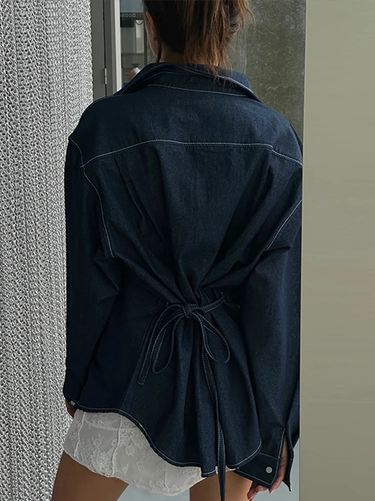 Aiertu  -  Fashion Loose Women's Shirts Chic Backless Pleated Lace Up Long Sleeve Female T-shirt 2025 Spring Lapel Single Breasted Lady Top Aiertu