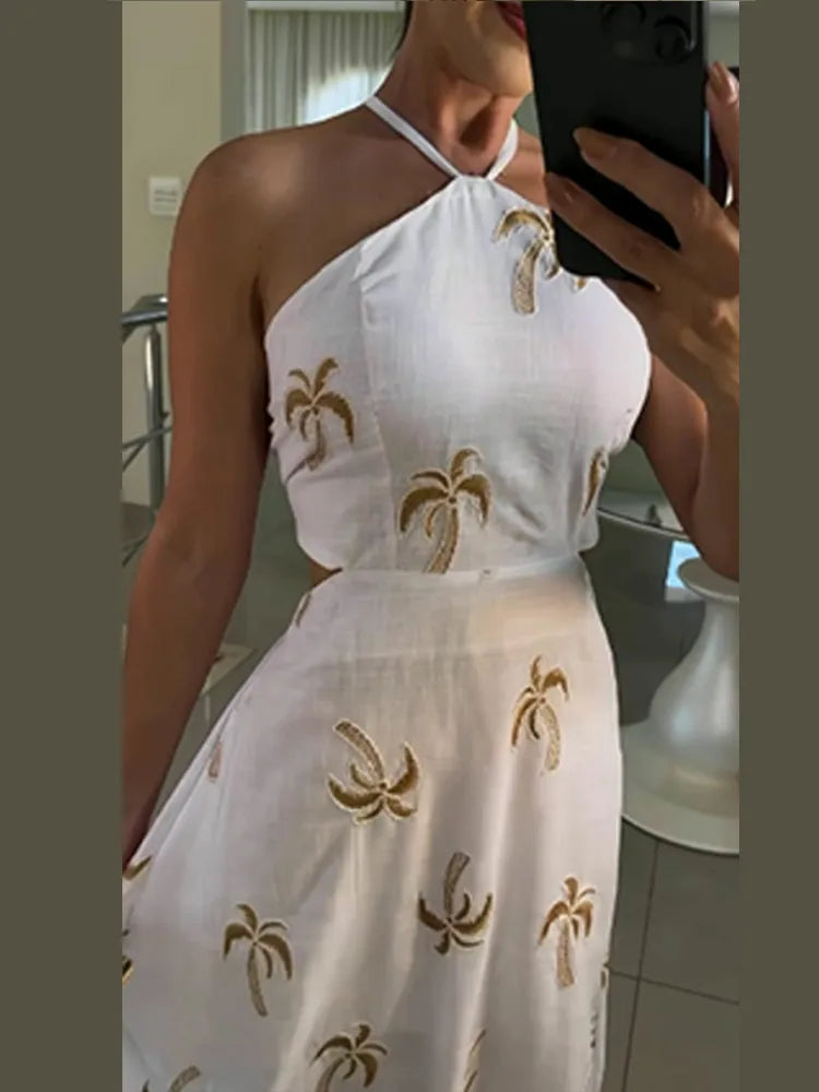 Aiertu  -  Elegant Print Lace Up Halter Long Dress For Women Fashion Hollow Waist Backless A-line Dresses 2026 New Lady Evening Party Robes Aiertu