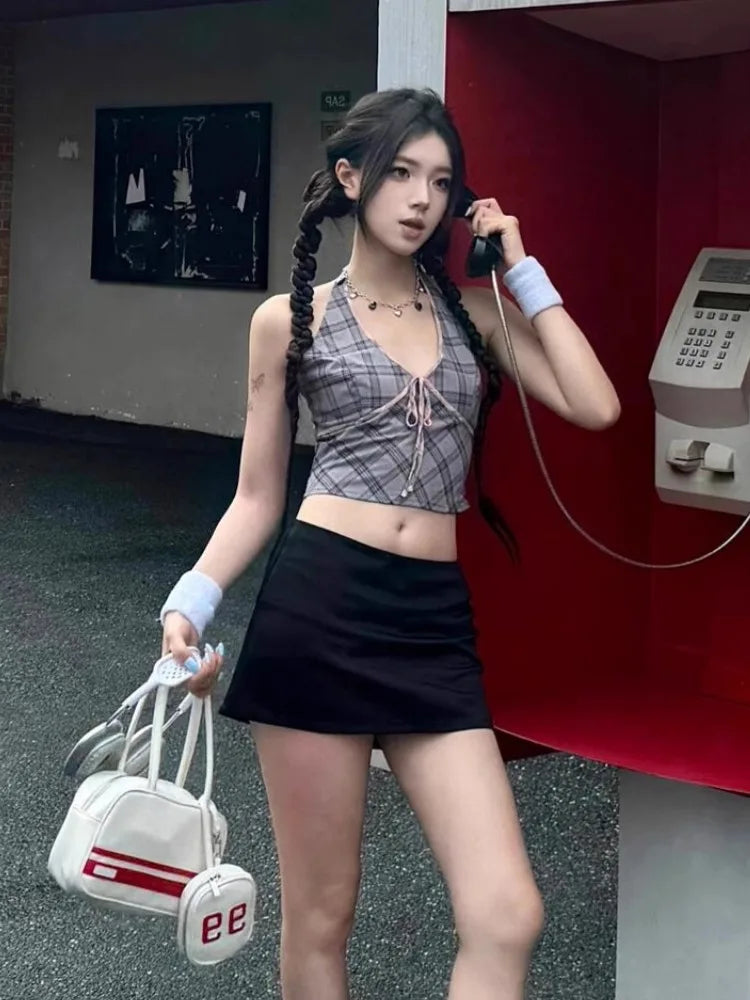 Aiertu  -  American Retro Grey Plaid Crop Top Women Streetwear V-neck Halter Y2k Tops Summer Sexy Fashion Backless Tank Top Clothes Aiertu