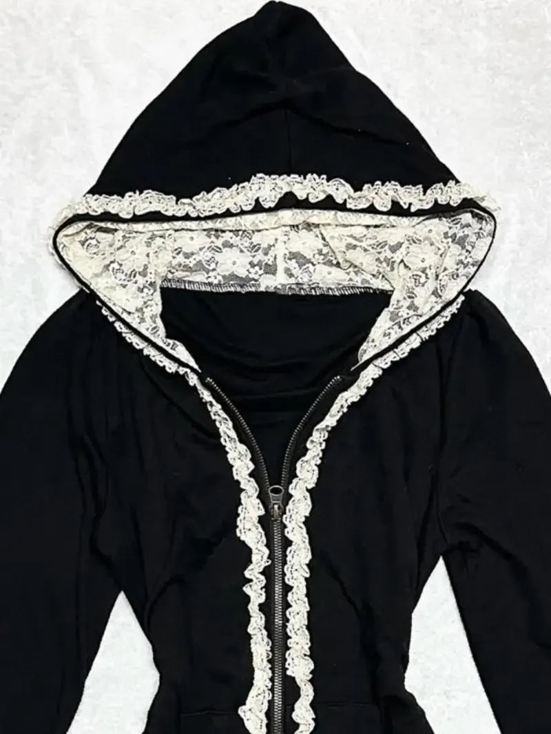 Aiertu  -  High Street Y2k Vintage Lace Slim Fit Zipper Hoodie Goth Grunge Hip Hop Premium Cotton Casual Harajuku Hottie Sexy Long Sleeve Aiertu