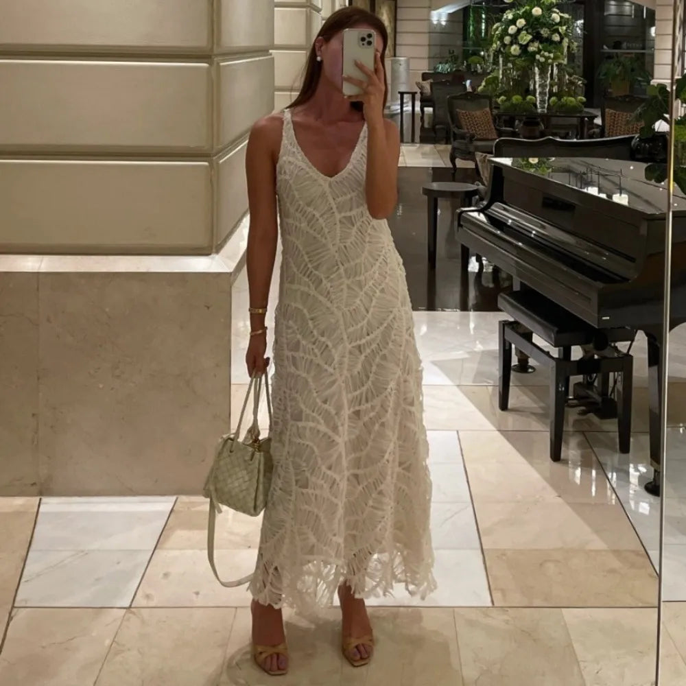 Aiertu  -  Luxury Sleeveless Long Strap Dress Women Summer V Neck 3D Crochet Flower Maxi Sundress Female Woman Clothes 2025 Aiertu