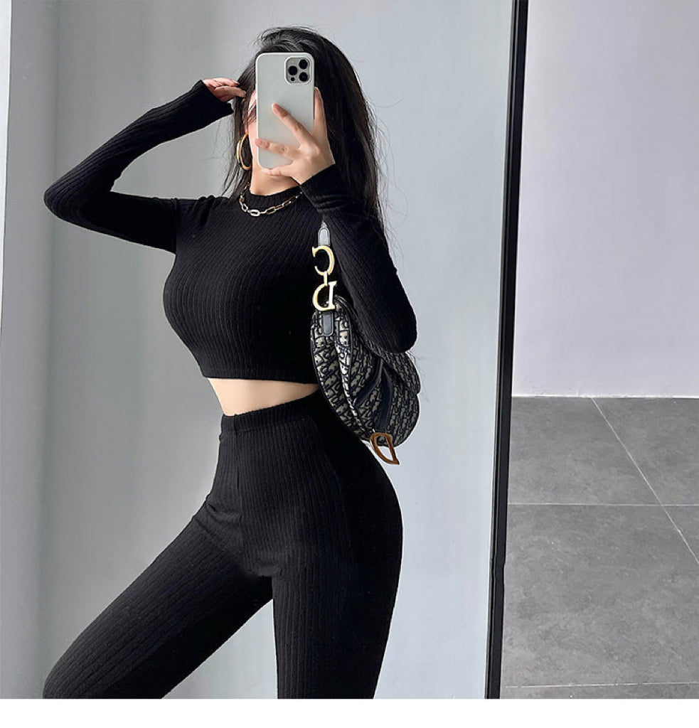 Aiertus Solid Color Ribbed Slim Long Sleeve Cropped Top High Waist Pants Matching Set Aiertu