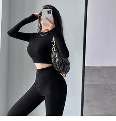 Aiertus Solid Color Ribbed Slim Long Sleeve Cropped Top High Waist Pants Matching Set Aiertu