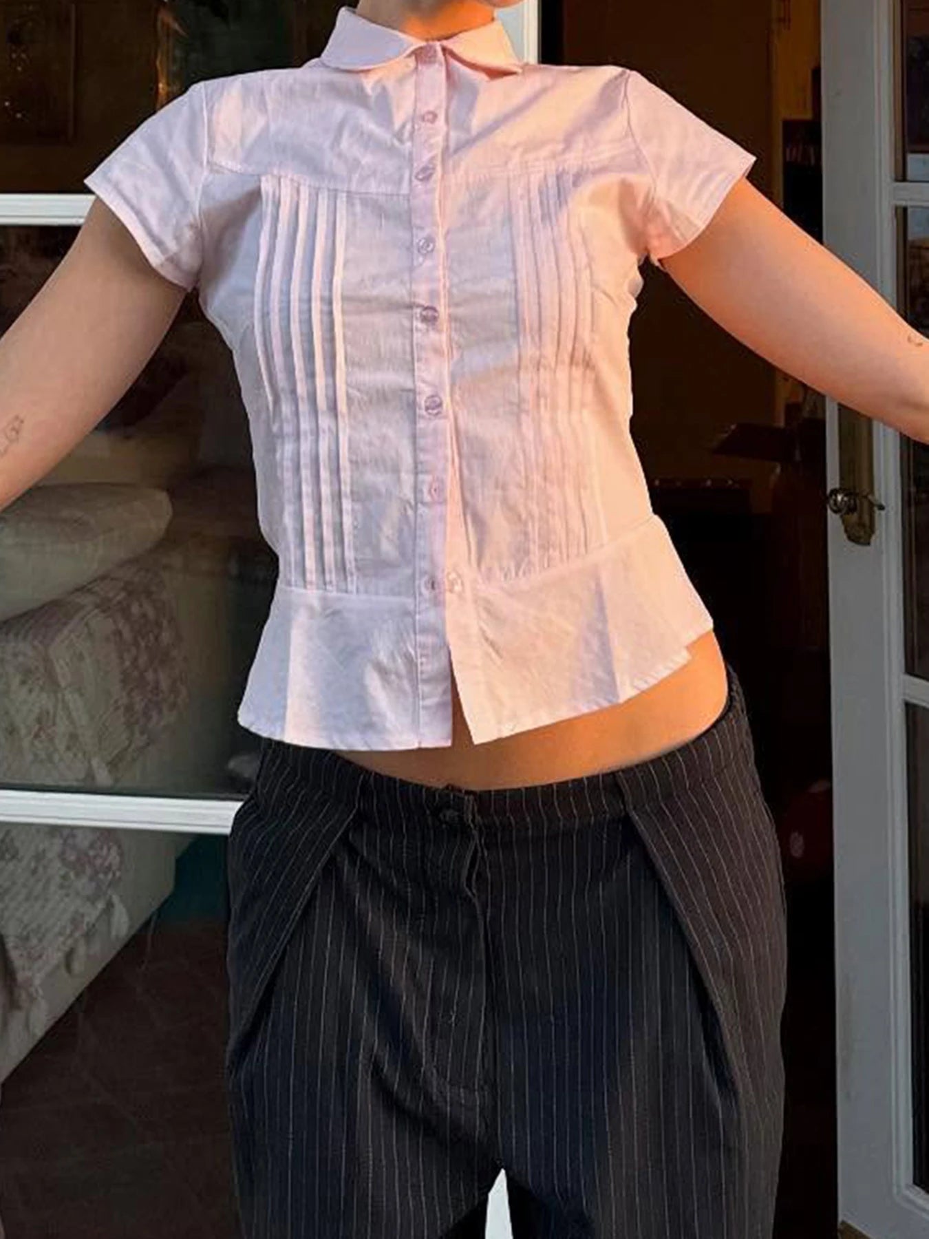 Aiertu  Turn-Down Collar Button-Up Corset Blouse Women's Casual Solid Tee Shirt Korean Short Sleeve Fashion Cute Top Aiertu