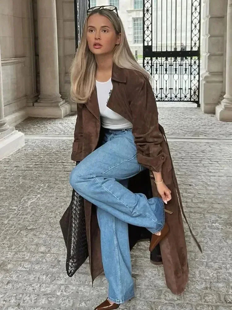 Aiertu  -  Female Retro Jacket Elegant Brown Belted Waist Long Coat Double Breasted High Street Autumn Fashion Full Sleeve Outwear Aiertu