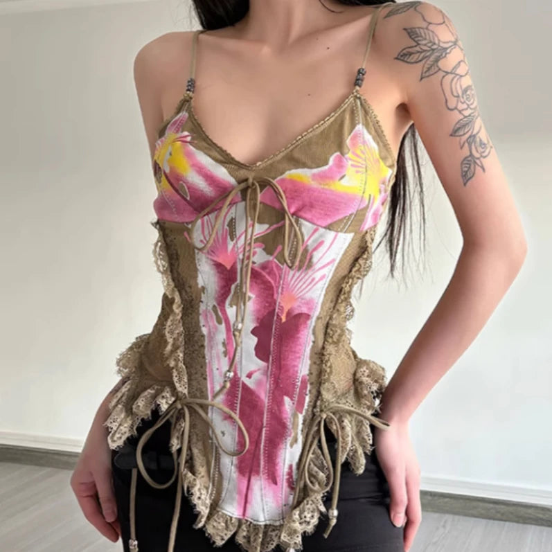 Aiertu  -  Vintage Lace Patchwork Streetwear Tanks Women Printing Slim Fit Bandage Camisole Summer Harajuku Sexy Y2k Aesthetic Tank Top Aiertu