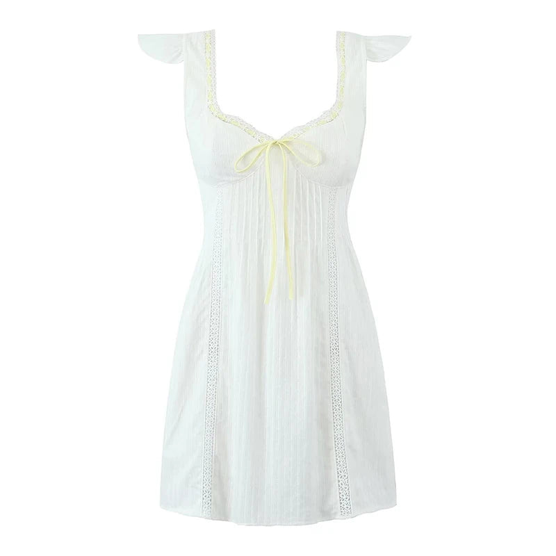 Aiertu  -  French Lazy Style White Dress For Women Sexy V Neck Short Sleeve A-line Mini Summer Dresses Casual Holiday Robe Lace Up Aiertu