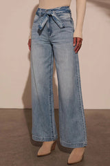 Aiertu  -Casual Gradient Color Distressed Lace Up High Waist Loose Denim Jeans aiertu