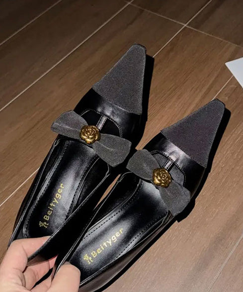 Aiertu  Women Black Sheepskin Splicing High Heels Bow Sequined Aiertu