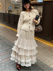Aiertu  -  Sweet Chic Ruffle Mesh Tutu Cake Skirt Elastic Waist Beige Streetwear Long Skirt 2025 New Spring Summer A-line Fashion Skirts Aiertu