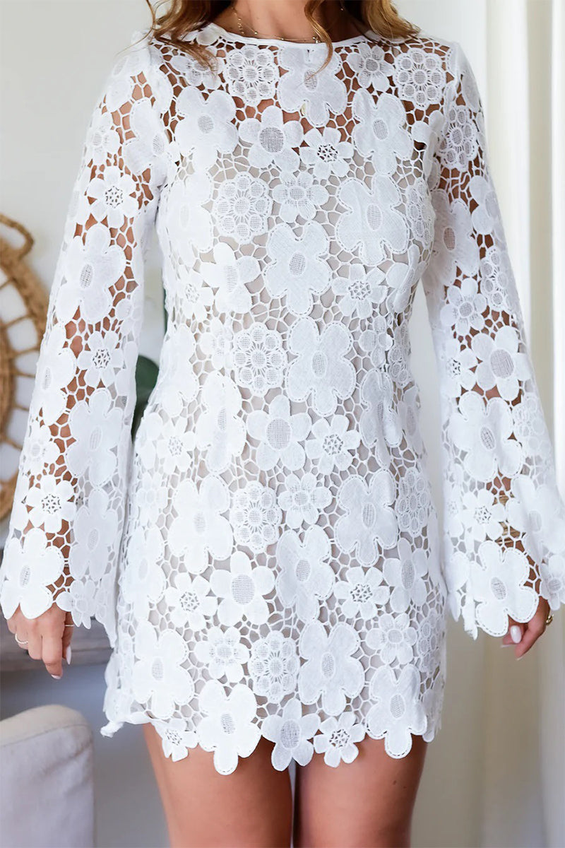 Aiertu  -  Sexy Hook Flower Hollow Out Backless Flowers O Neck Long Sleeve Dresses Aiertu