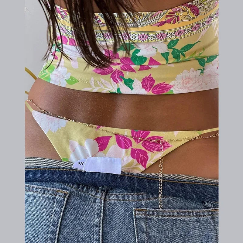 Aiertu  -  Print Beads Lace Up Holiday Beach 2 Piece Set 2026 Summer Women Sexy V-neck Halter Backless Camis Crop Top + Briefs Bathing Suit Aiertu