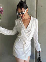 Aiertu - Black Satin V-Neck Shirt Dress Women 2025  Spring Flare Sleeve Lace Up Mini Dresses Elegant Ladies Party Vestidos Aiertu