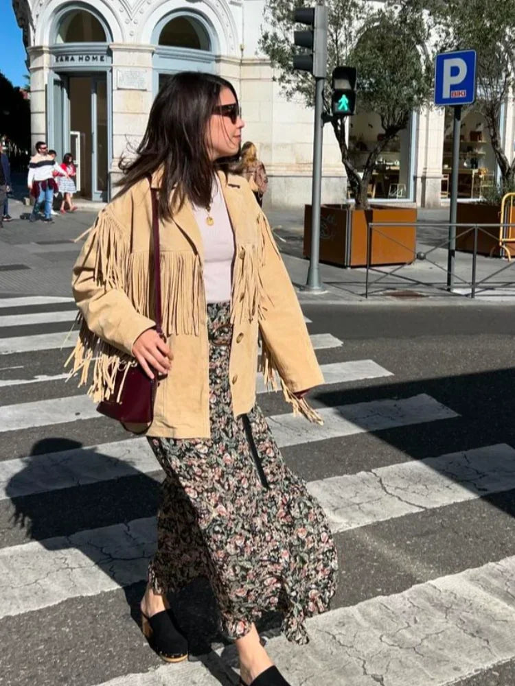 Aiertu  -  Fashion Tassel Patchwork Single-breasted Jacket Women Casual Lapel With Pockets Long Sleeve Coats Autumn New Lady Chic Outerwear Aiertu