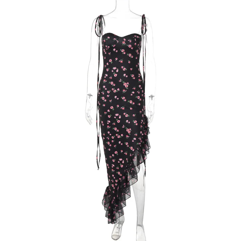 Aiertu  -  Hot Selling Women's Summer New Product Fashionable Printed Sexy Mesh Lace Lace Up Dress Aiertu