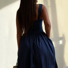Aiertu  -  Maxi Dress Women's Summer Casual Solid Suspender Sleeveless Nipped Waist Pleated Single Breasted Button Holiday Dresses Aiertu