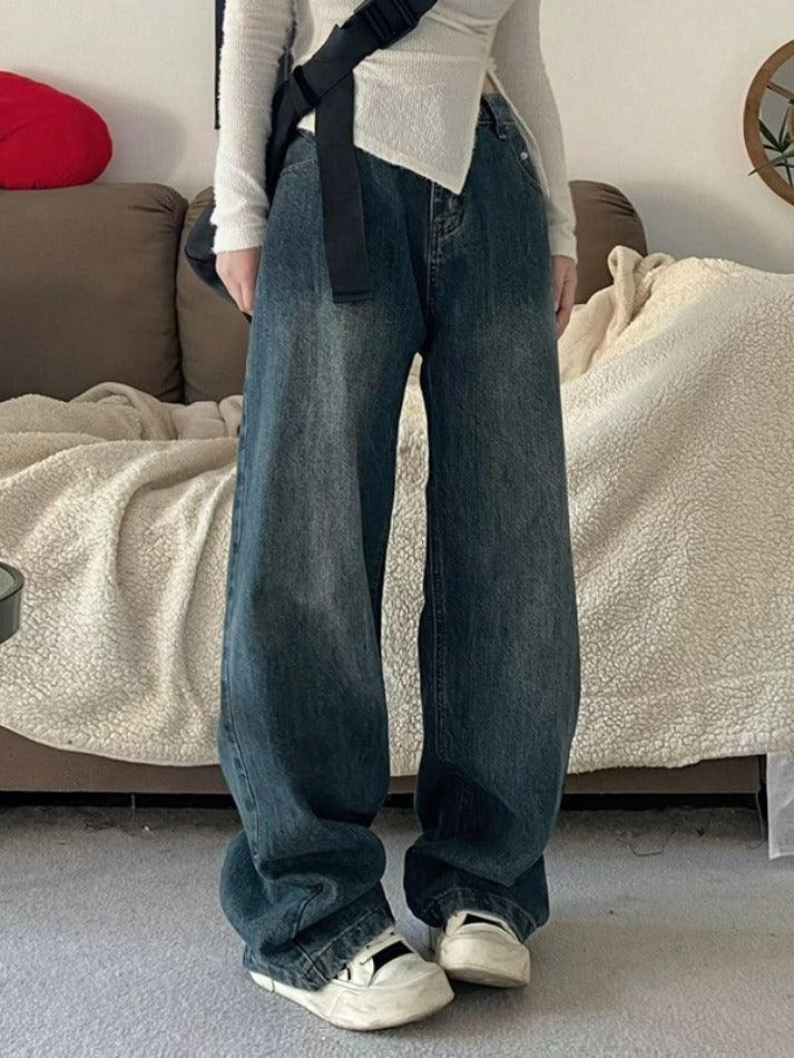 Aiertu  Vintage Blue Washed High Waist Boyfriend Jeans Aiertu