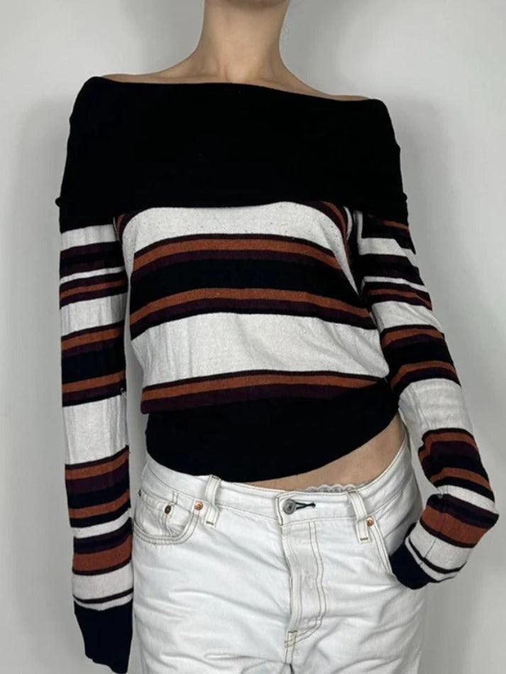 Aiertu  -Off Shoulder Striped Print Sweaters aiertu